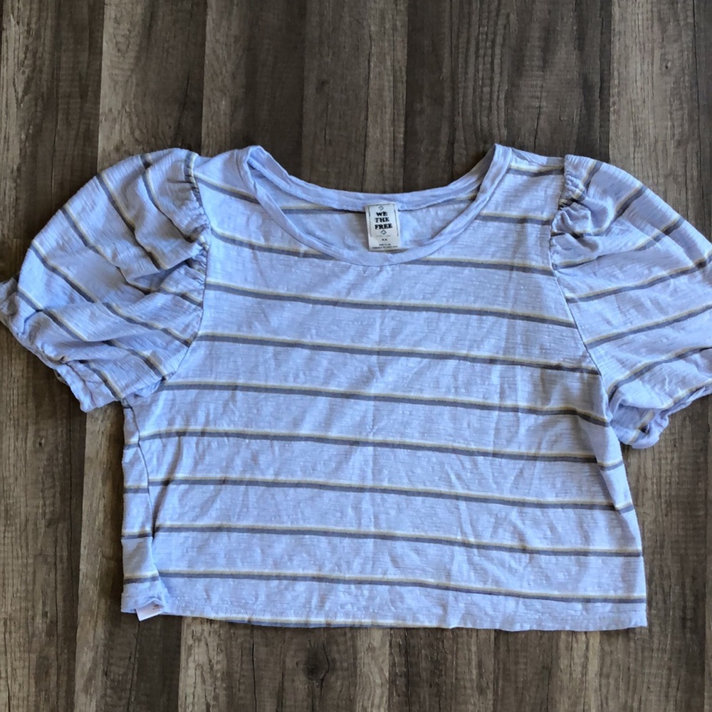 Free People Light Blue Striped Puff Sleeve Tee - Picture 4 of 9